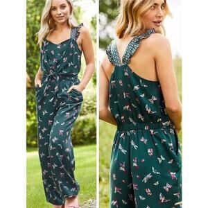 Matilda Jane Evergreen Dream Jumpsuit Teal Green Print Ruffle Sleeveless Sz S